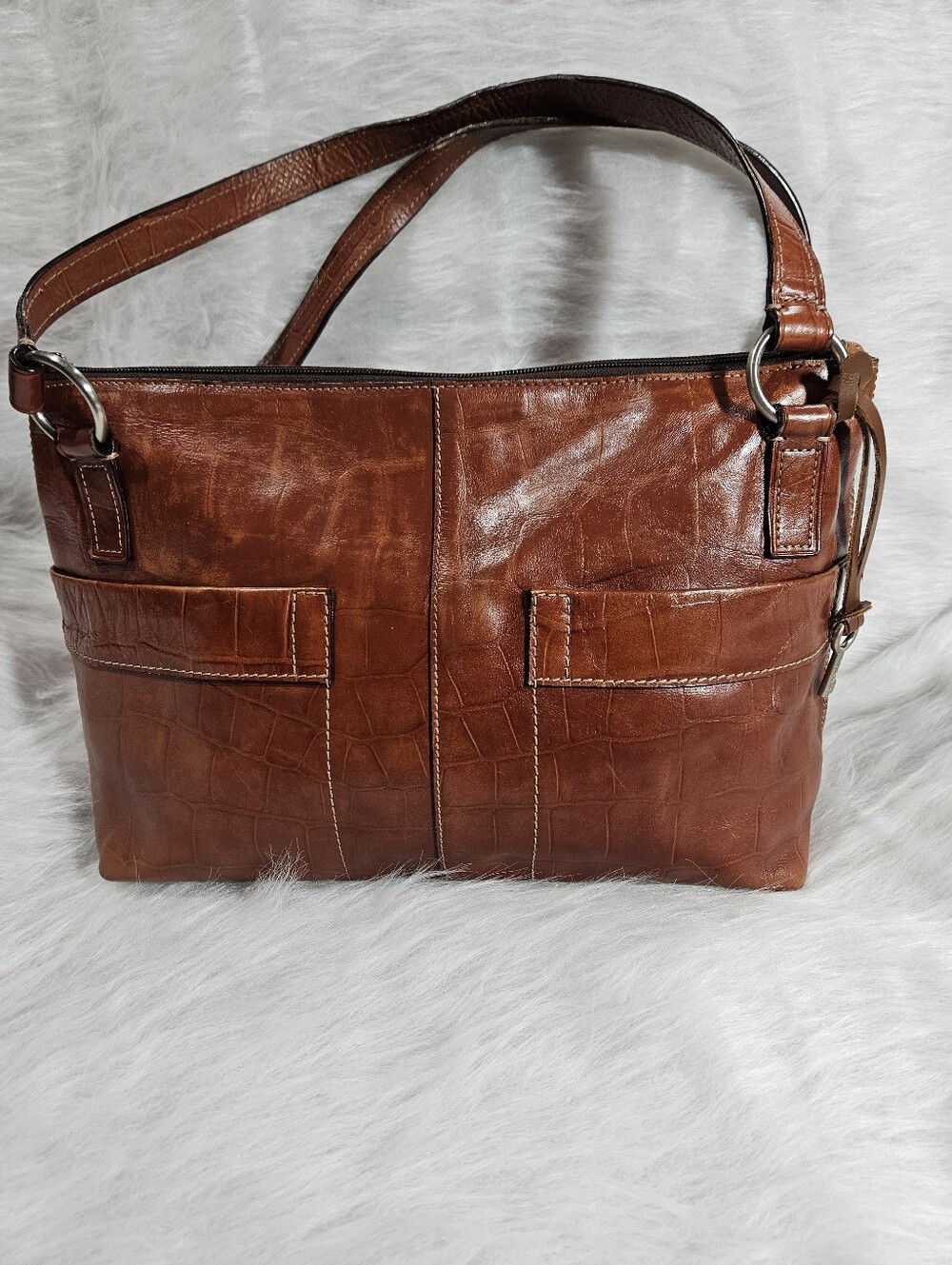 EUC Vintage 1993 Fossil Whiskey Brown Croc Embossed Leather Shoulder Bag And Key